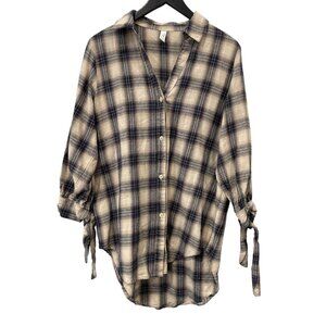 I Love Plaid Shirt Size Large Button Front High Low Long Sleeve Neutral Academia